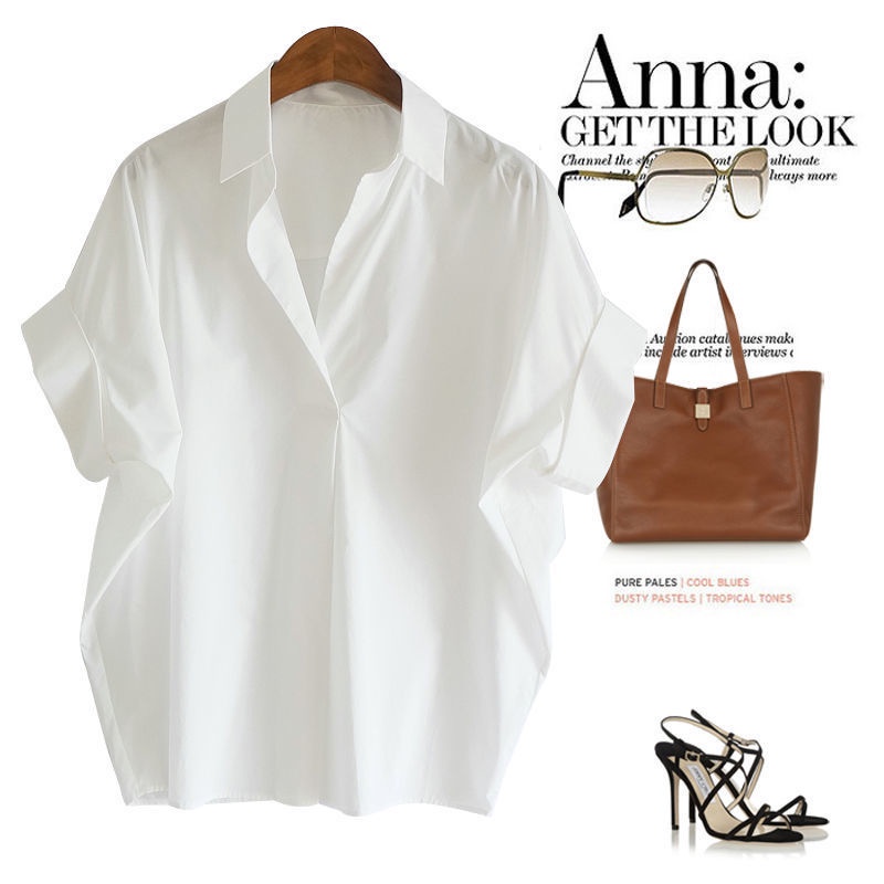 Loose Fitting Simple White Shirt Women Retro V-neck Batwing Sleeve Solid Blouse Summer New Western A