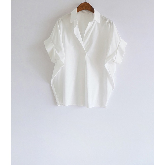 Loose Fitting Simple White Shirt Women Retro V-neck Batwing Sleeve Solid Blouse Summer New Western A
