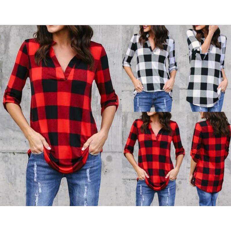 Women Casual Cotton Plaid Shirts Ladies Long Sleeve Loose Outerwear Blouse Tops
