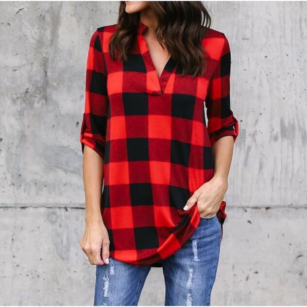 Women Casual Cotton Plaid Shirts Ladies Long Sleeve Loose Outerwear Blouse Tops