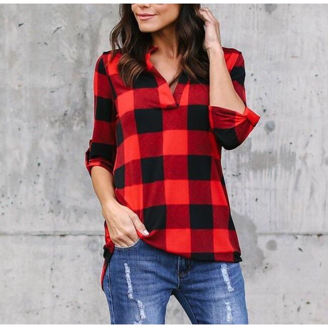 Women Casual Cotton Plaid Shirts Ladies Long Sleeve Loose Outerwear Blouse Tops