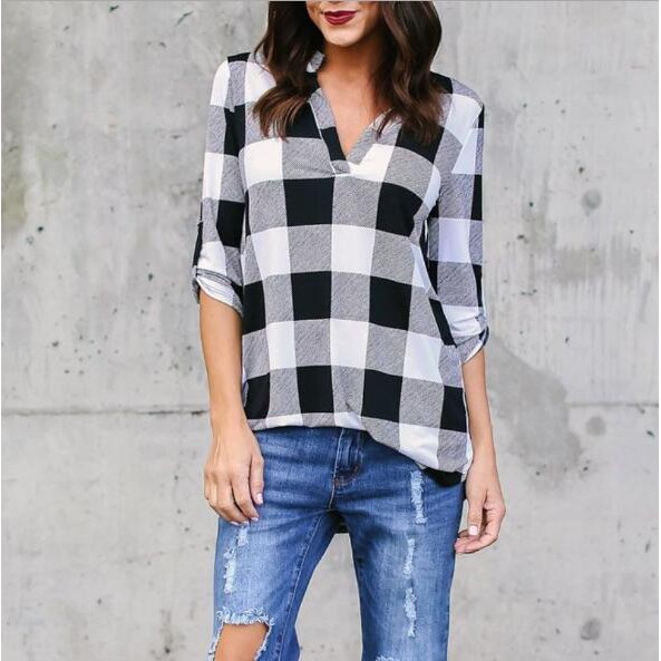 Women Casual Cotton Plaid Shirts Ladies Long Sleeve Loose Outerwear Blouse Tops