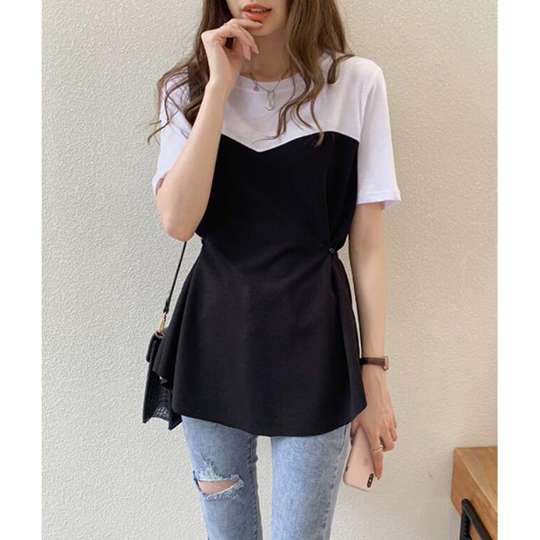 Korean Women Blouse Plus Size Patchwork Asymmetrical Long Sleeve Shirt #7682