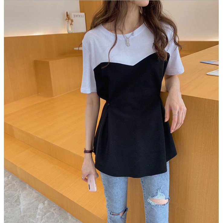 Korean Women Blouse Plus Size Patchwork Asymmetrical Long Sleeve Shirt #7682
