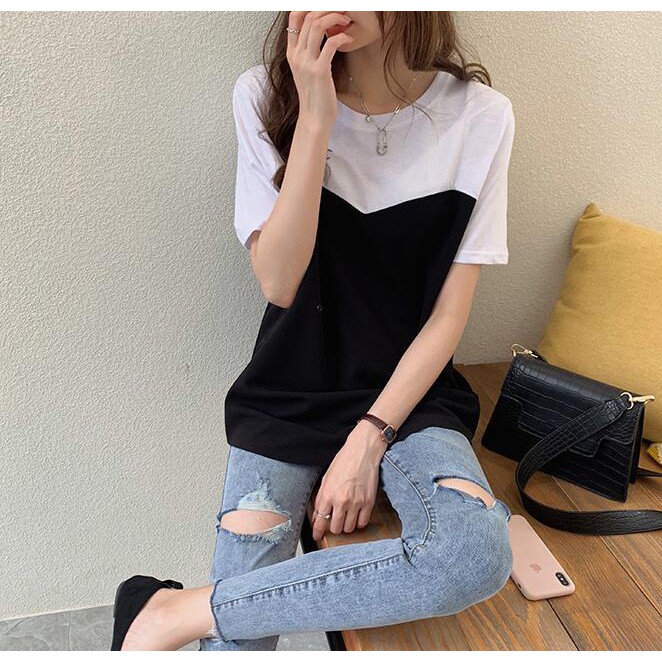 Korean Women Blouse Plus Size Patchwork Asymmetrical Long Sleeve Shirt #7682