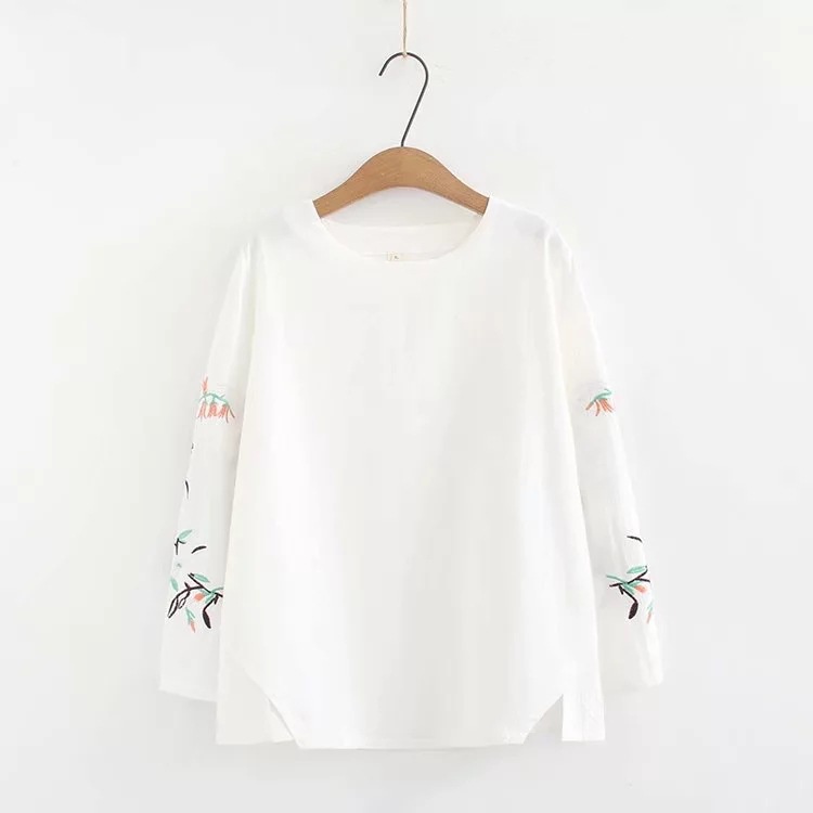 M-4XL Fashion Women Pure Cotton Round Neck Long Sleeve Embroidered Blouse Shirts S Casual Loose Retr
