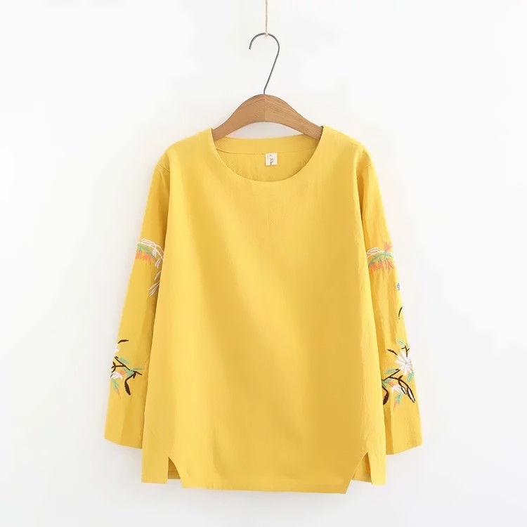 M-4XL Fashion Women Pure Cotton Round Neck Long Sleeve Embroidered Blouse Shirts S Casual Loose Retr