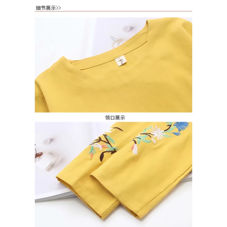 M-4XL Fashion Women Pure Cotton Round Neck Long Sleeve Embroidered Blouse Shirts S Casual Loose Retr