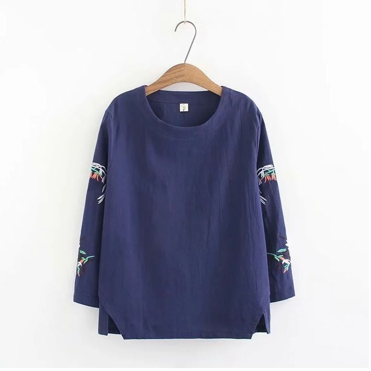 M-4XL Fashion Women Pure Cotton Round Neck Long Sleeve Embroidered Blouse Shirts S Casual Loose Retr