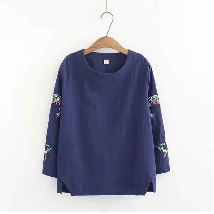 M-4XL Fashion Women Pure Cotton Round Neck Long Sleeve Embroidered Blouse Shirts S Casual Loose Retr