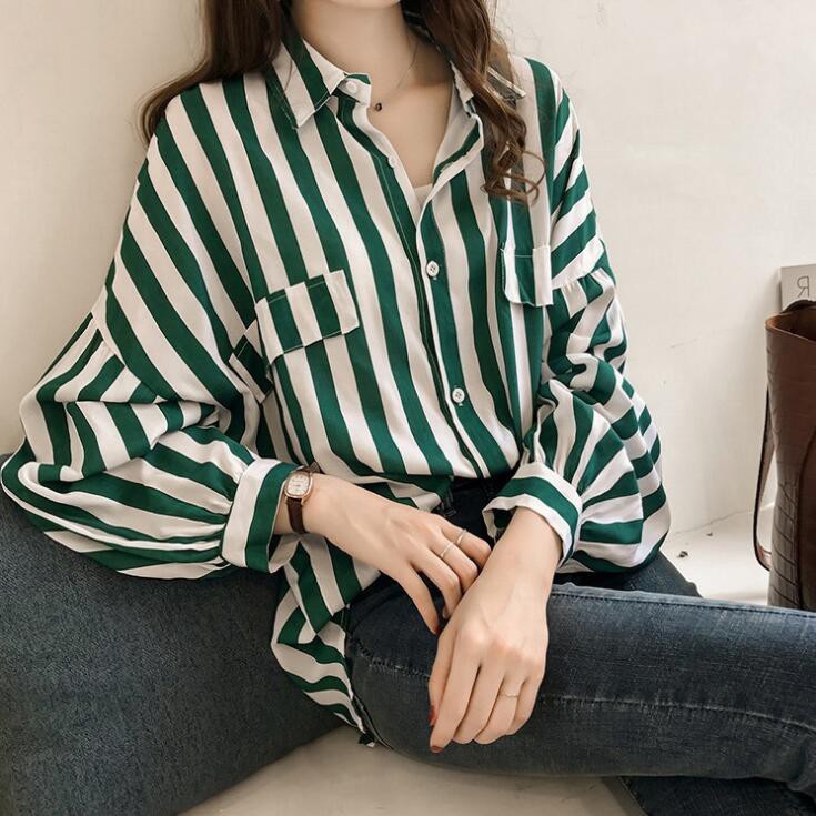 Women Loose Striped V Neck Long Sleeve Casual Summer Blouse Fashion Stripe Shirt
