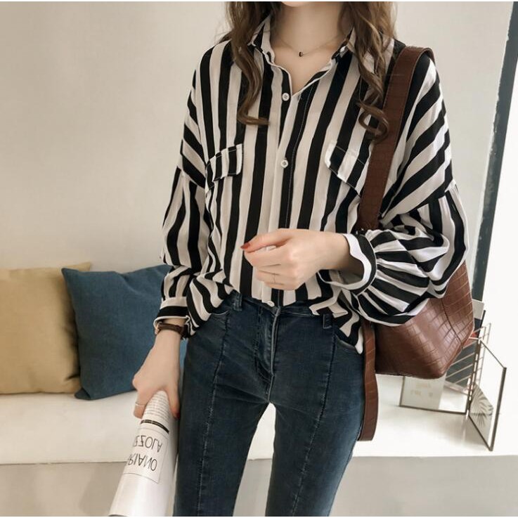 Women Loose Striped V Neck Long Sleeve Casual Summer Blouse Fashion Stripe Shirt
