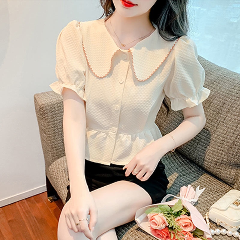 Doll collar shirt female 2022 small man slim waist shirt fashion all-match shirt small shirt