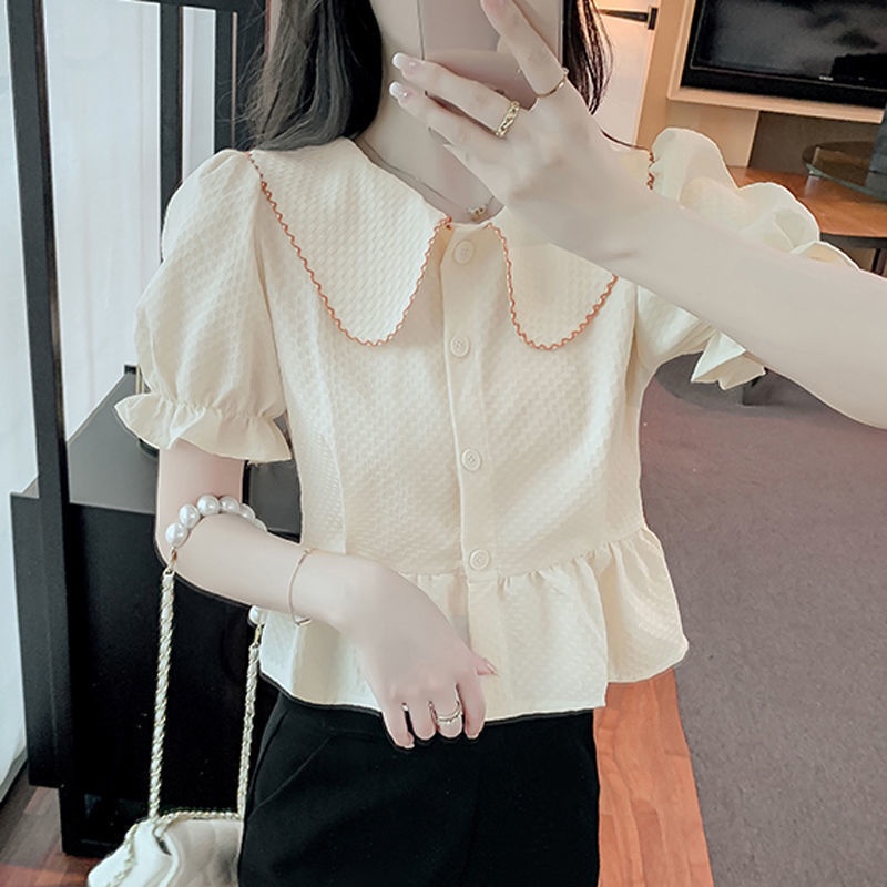 Doll collar shirt female 2022 small man slim waist shirt fashion all-match shirt small shirt