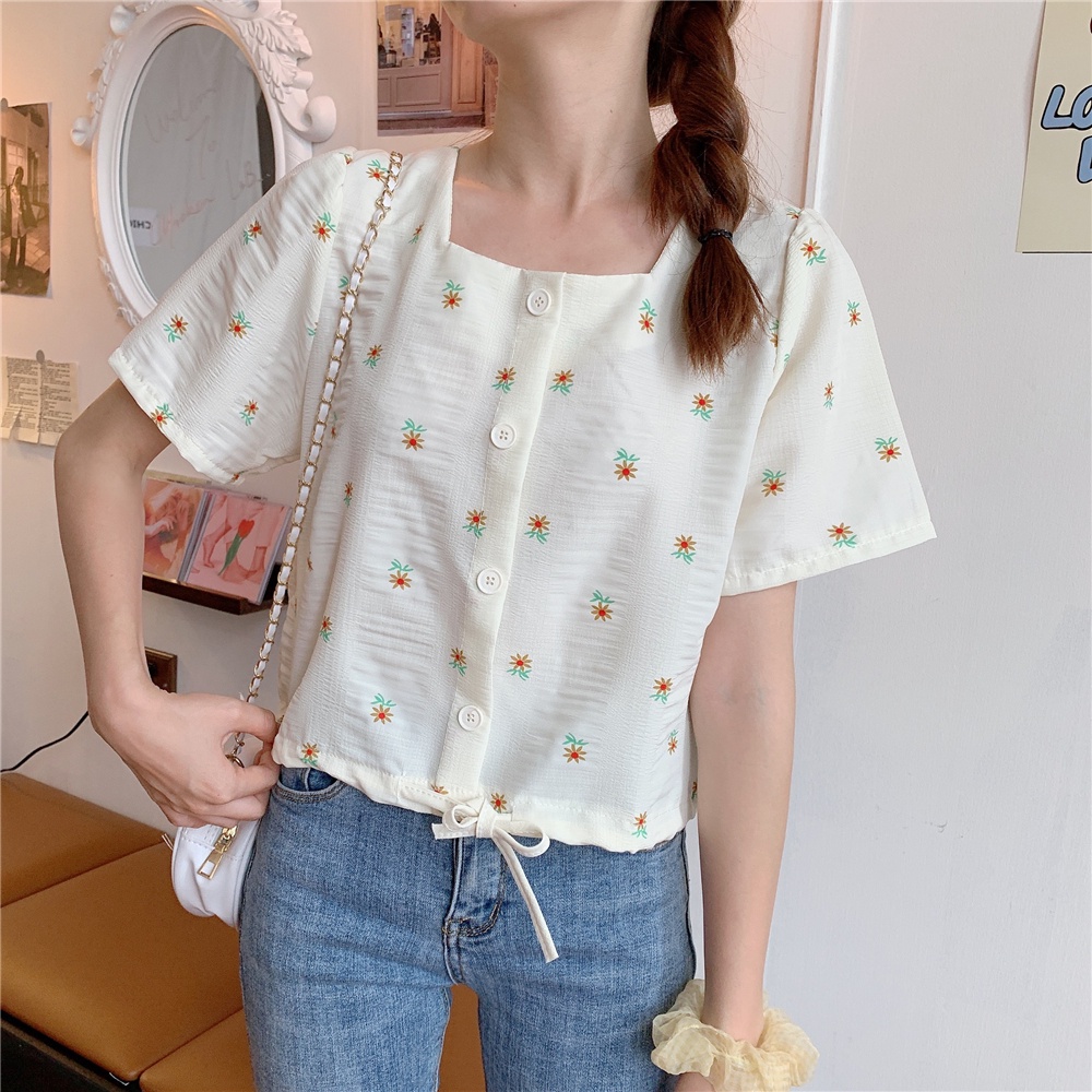 Women's Small Fresh Floral Print Button Short Shirt Korean Teenager Cute Sweet Short Sleeve Loose T-
