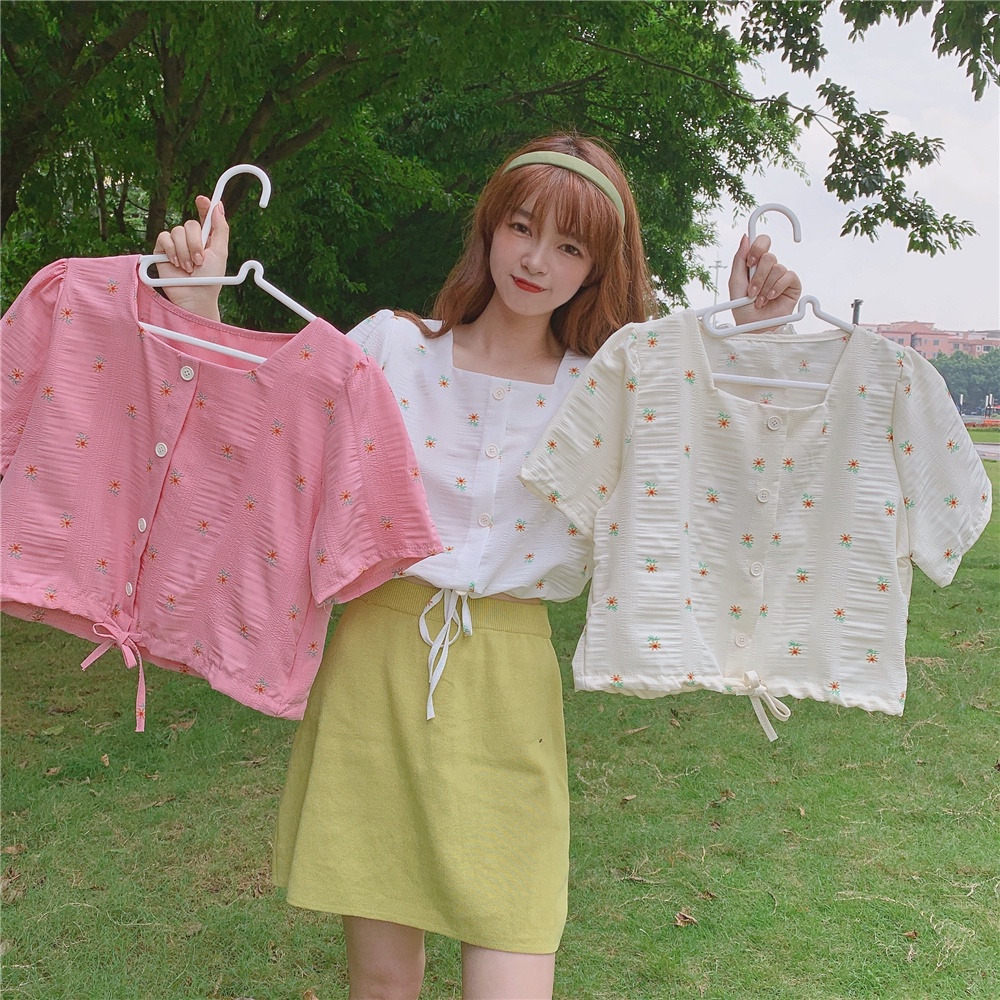 Women's Small Fresh Floral Print Button Short Shirt Korean Teenager Cute Sweet Short Sleeve Loose T-