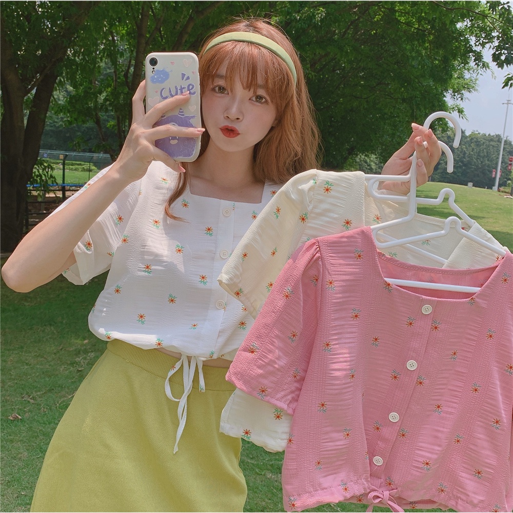 Women's Small Fresh Floral Print Button Short Shirt Korean Teenager Cute Sweet Short Sleeve Loose T-