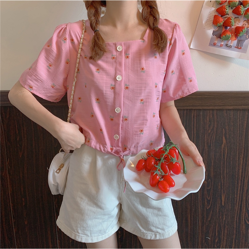 Women's Small Fresh Floral Print Button Short Shirt Korean Teenager Cute Sweet Short Sleeve Loose T-